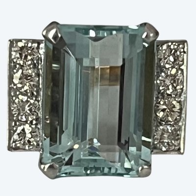 6778- Yellow Gold and White Aquamarine Diamond Ring 1940s