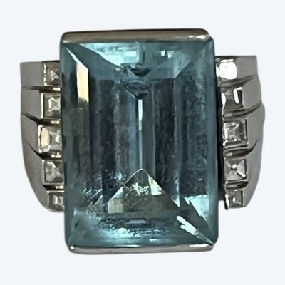 112- Platinum ring Aquamarine Santa Maria 11 ct and Diamonds