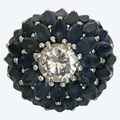 7236- Vintage Dome Ring White Gold Sapphires Diamonds