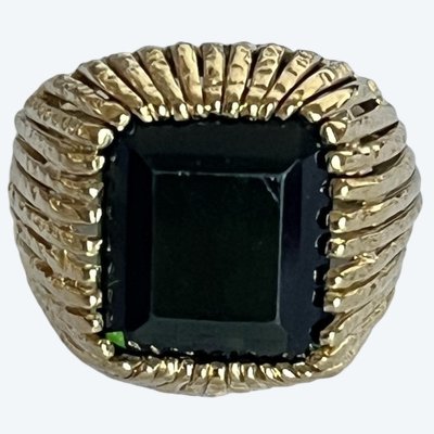 7259- Vintage Yellow Gold Green Tourmaline Chevalière Ring 4.70 ct