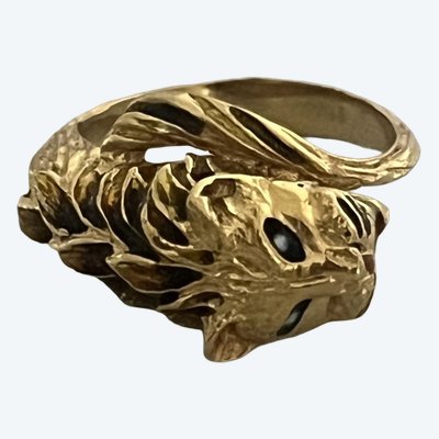 7305- Vintage Lion Ring Yellow Gold Enamel
