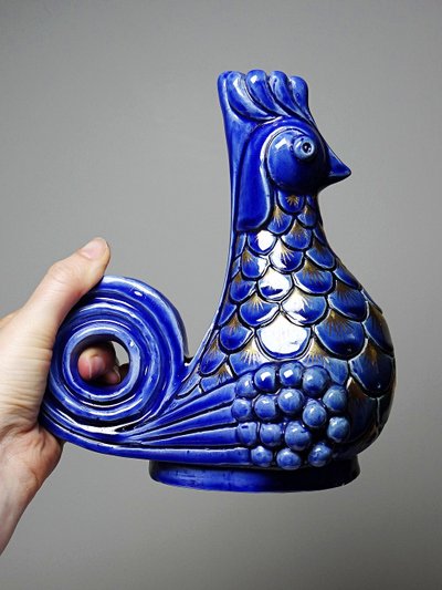 Pair of glazed ceramic rooster candlesticks, signed A.G Roger year 1948