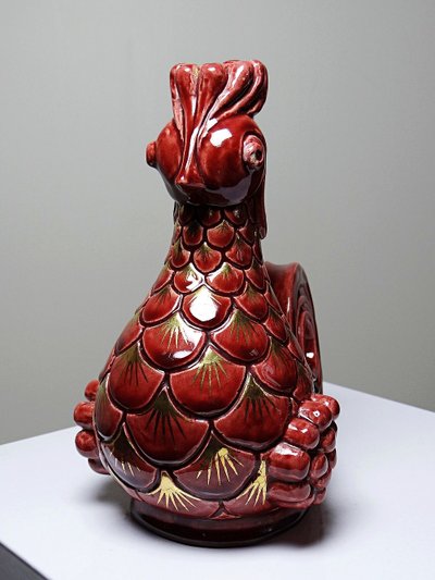Pair of glazed ceramic rooster candlesticks, signed A.G Roger year 1948