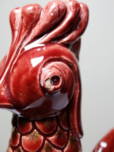 Pair of glazed ceramic rooster candlesticks, signed A.G Roger year 1948