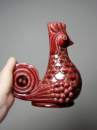 Pair of glazed ceramic rooster candlesticks, signed A.G Roger year 1948