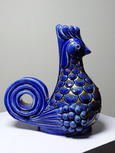 Pair of glazed ceramic rooster candlesticks, signed A.G Roger year 1948