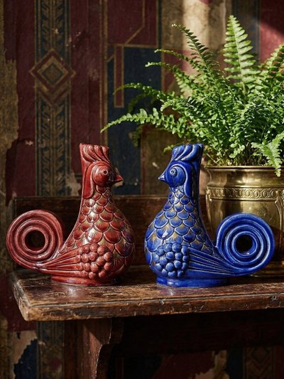 Pair of glazed ceramic rooster candlesticks, signed A.G Roger year 1948