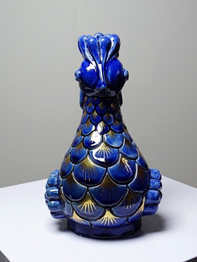 Pair of glazed ceramic rooster candlesticks, signed A.G Roger year 1948