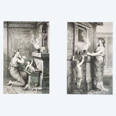 Scène Romaine Maternité Coppia di incisioni di Jules Jacquet XIX secolo