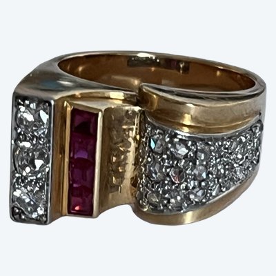 7278- Anello Serbatoio Oro Giallo Platino Pietre Rosse Diamanti