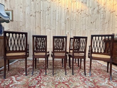 Suite of 8 Louis XVI seats in solid mahogany, canework