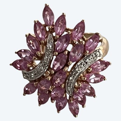 7331- Ring White Gold Pink Gold Sapphire Roses Diamonds