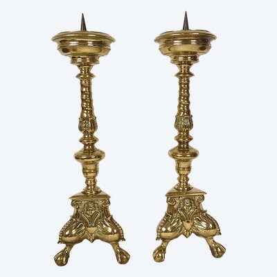 Paire Pique-cierges Bougeoirs Bronze Torsadé Marmousets Chérubins XVIIème