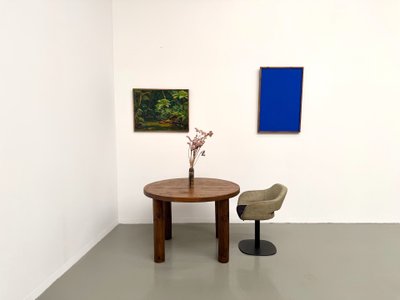 Modernistischer runder Tisch aus massiver Eiche, zylindrisches Gestell aus Kiefer, DLG Perriand, Chapo, 50er Jahre