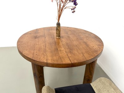Modernistischer runder Tisch aus massiver Eiche, zylindrisches Gestell aus Kiefer, DLG Perriand, Chapo, 50er Jahre