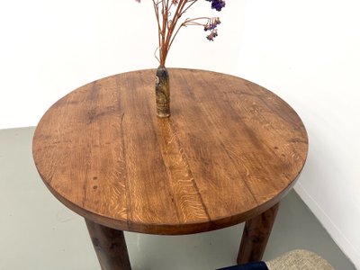 Modernistischer runder Tisch aus massiver Eiche, zylindrisches Gestell aus Kiefer, DLG Perriand, Chapo, 50er Jahre