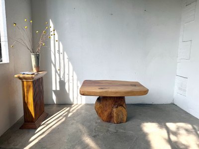 Organic Brutalist coffee table in solid cedar, trunk pedestal, 1970s
