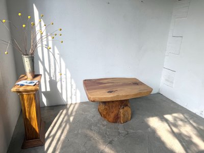 Organic Brutalist coffee table in solid cedar, trunk pedestal, 1970s