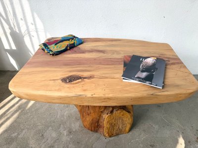 Organic Brutalist coffee table in solid cedar, trunk pedestal, 1970s