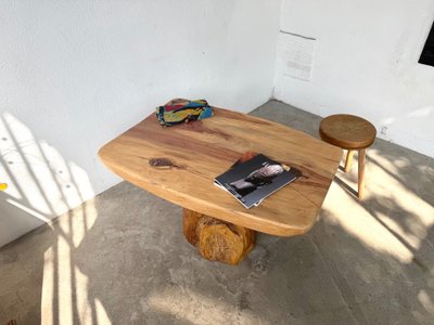 Organic Brutalist coffee table in solid cedar, trunk pedestal, 1970s