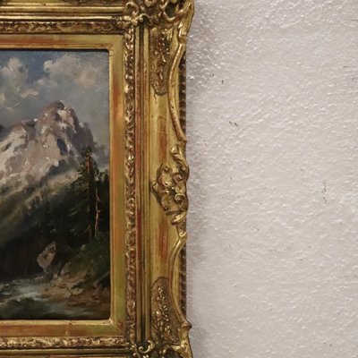 Paesaggio montano, dipinto a olio su tavola.