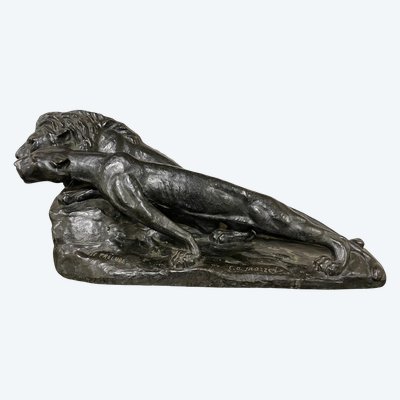 Important animal bronze - Le lion et la lionne Le Prélude - C. MAZZEI Cire perdue