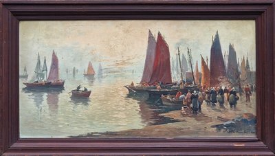 Large painting Breton seascape the arrival of fishermen in port by Mariette Lefevre Defive