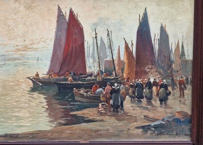 Large painting Breton seascape the arrival of fishermen in port by Mariette Lefevre Defive