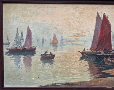 Large painting Breton seascape the arrival of fishermen in port by Mariette Lefevre Defive