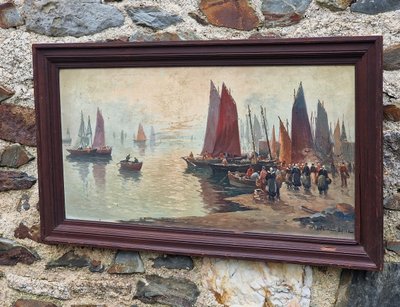 Large painting Breton seascape the arrival of fishermen in port by Mariette Lefevre Defive