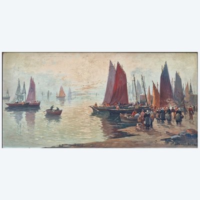 Grand tableau marine bretonne l'arrivée des pêcheurs au port par Mariette Lefevre Defive