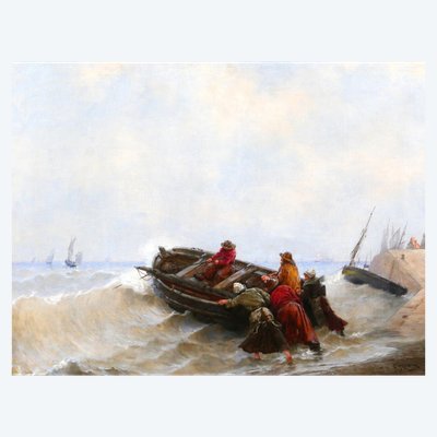 Georges HAQUETTE 1852-1906 Le départ des pêcheurs, tableau, fin 19e mer marine bateau Normandie