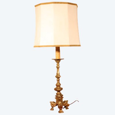 18th Century Bronze Candle Holder Mounted As A Lamp With Its Parchment Lampshade