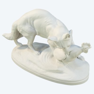 Porcelain BISCUIT de SEVRES Statue of a fox and a rooster Signed C .MASSON