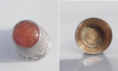Dé à coudre ancien en argent massif avec calotte en pierre nécessaire couture fin XIXe