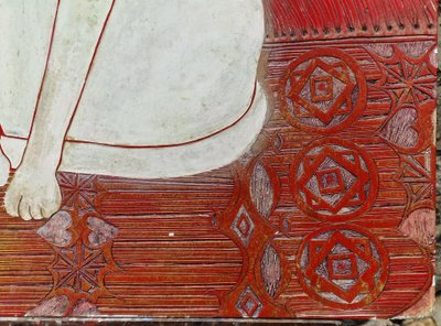 Important panneau en laque art déco chat blanc au tapis persan rouge khao manee thailande
