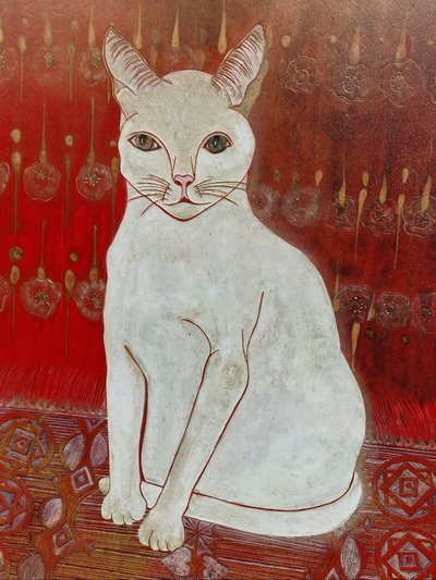 Important panneau en laque art déco chat blanc au tapis persan rouge khao manee thailande