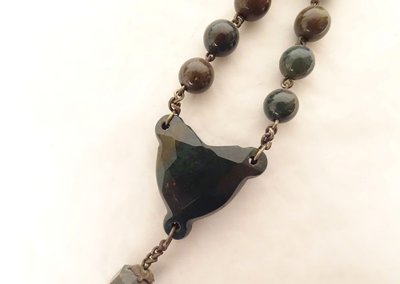 19th century agate moss rosary, metal cross, crucifix, chalice