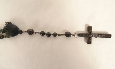19th century agate moss rosary, metal cross, crucifix, chalice