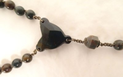 19th century agate moss rosary, metal cross, crucifix, chalice