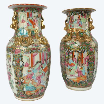 Coppia di vasi/potiche in porcellana Canton, Cina, circa 1880 - 36 cm