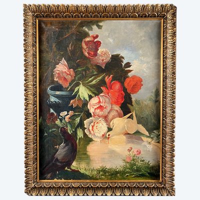 "Uccelli che bevono in uno stagno da giardino", scuola francese, circa 1900.