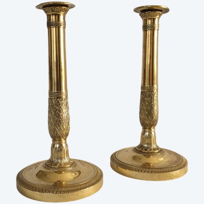 Paire de flambeaux / bougeoirs en canon d’époque Empire Restauration en bronze ciselé - 28cm