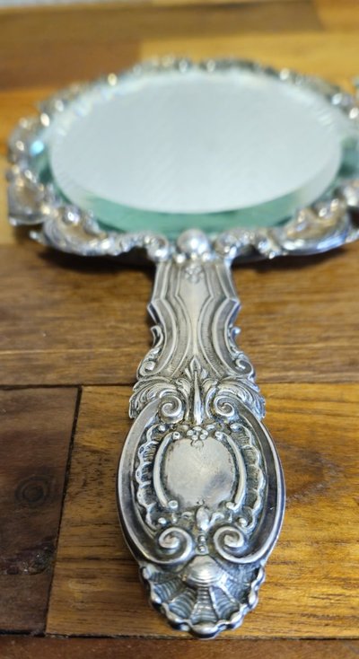 Antique silver-plated hand mirror – Louis XV Rococo style – Shell and scroll decoration