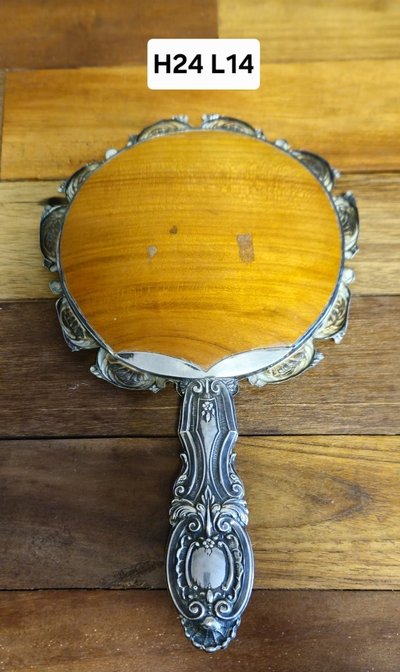 Antique silver-plated hand mirror – Louis XV Rococo style – Shell and scroll decoration