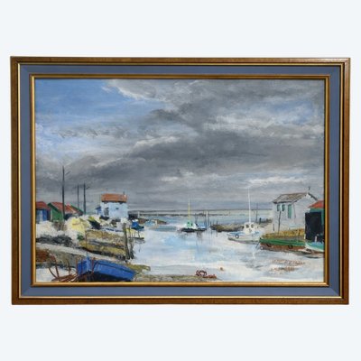 Huile sur toile – Port de Saint-Trojan – Île d’Oléron – E.M.J. Murat – 1984