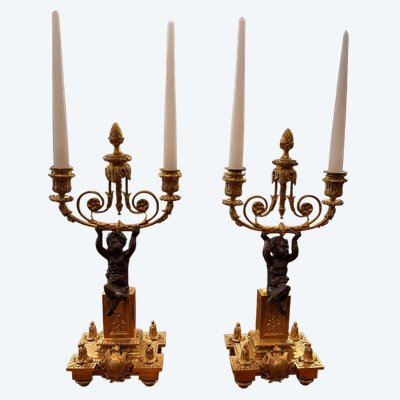 Paire De Candélabres Aux Faunes Esprit Louis XVI - XIXe