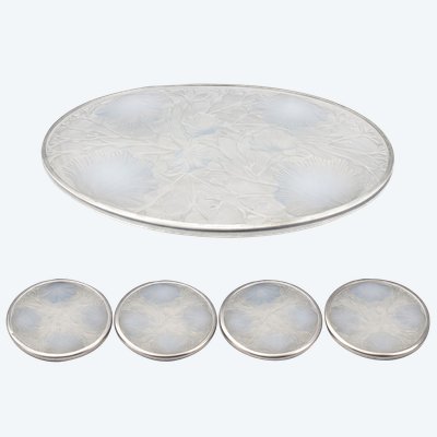 Verlys France Art Deco Set – Trivet and Bottle Coaster – Opalescent Glass and Mount