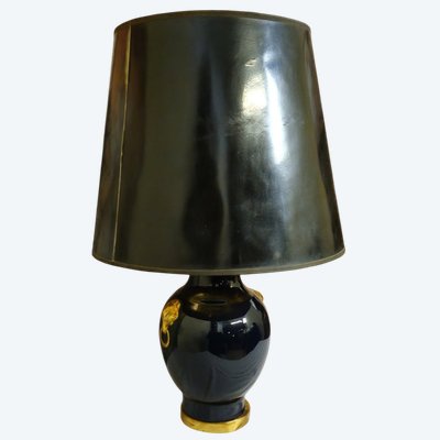 Large vintage table lamp – black and gold ceramic – lion head decoration