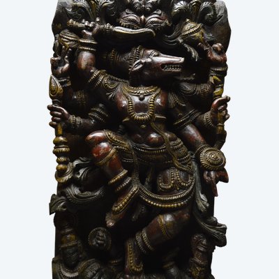 India, Late 19th - early 20th century, Large polychrome wood panel depicting Varaha